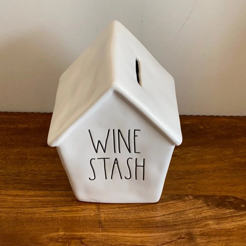 NWOT Rae Dunn Wine Stash Ceramic Cork Bank Magenta Black Lettering